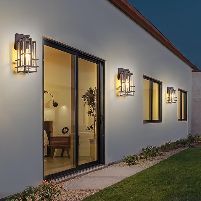 Outdoor Wall Light Fixture with Seeded Tempered Glass, Waterproof Outside Wall Coach Lantern with E26 Sockets, Brown Large Porch Sconces Lamp for House, Patio, Garage