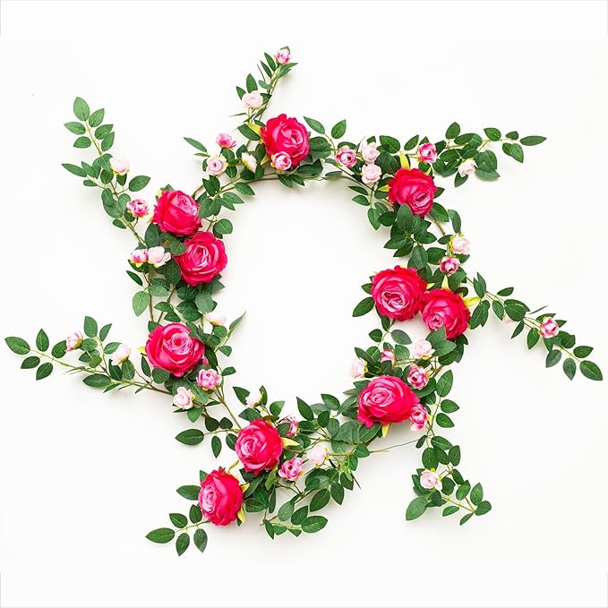 6FT Bendable Flower Garland, Artificial Rose Vine Hanging Floral Garland Decoration for Weding Home Room Wall Decor (Fushia, 2pcs)