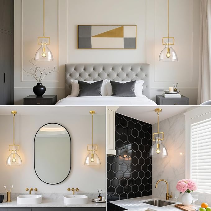 Mondern Large Gold Kitchen Island Pendant Light, 10 '' W 1-Light Glass and Brass Island Pendant Lights,Farmhouses Pendant Light, for Kitchen,Dining Room,Bathroom