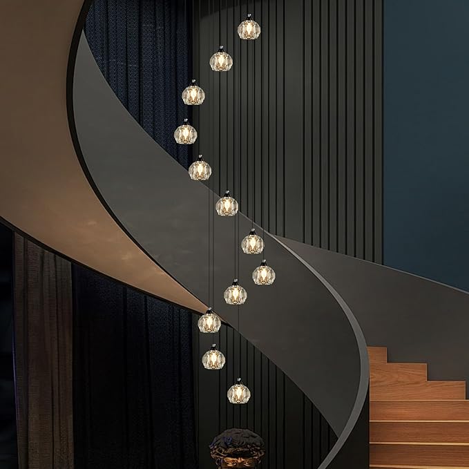 Crystal Chandeliers for Staircases, 12-Light Black Modern Chandeliers for High Ceilings,Crystal Pendant Light Fixture for Living Room Kitchen Island Foyer Hallway Bar