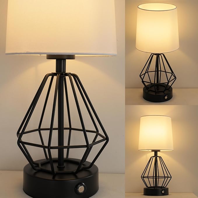 Black Cordless Lamp Set of 2,Touch Stepless Dimming,8000mAh Rechargeable Battery Table Lamp,Black Cage Frame Wireless Lamp,White Lampshade,14.7inches Tall