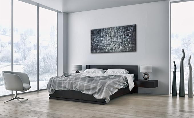 MyArton Textured Abstract Squares Canvas Wall Art Hand Painted Modern Silver Oil Painting for Decoration Ready to Hang 48x24inch