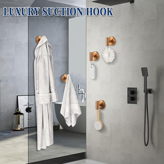 Heavy Duty Reusable Suction Cup Hooks for Shower - No Drill Bathroom/Glass/Mirror/Tiles & Metal Surfaces,and Smooth Non-Porous Surfaces for Towels, Robes, Loofahs (2, Champagne Bronze)