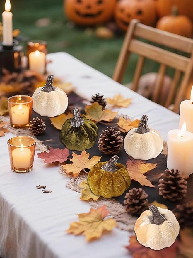 12pcs Fall Pumpkins Decor Set,Artificial Mini Pumpkins for Decorating, Velvet Mixed Fall Pumpkin Decor for Halloween Thanksgiving Harvest Table Centerpieces (Olive Green&Dark Green&Cream)