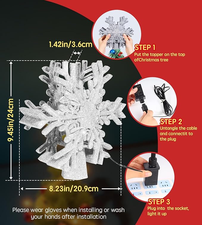Christmas Tree Topper Lighted Decorations, Built-in Led 360° Rotating Projector Lights, Silver Spangles Plug in for Indoor Home Xmas New Year Party Holiday Night Tree Decor