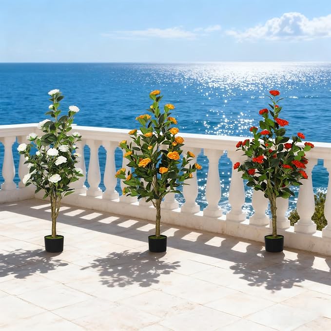 2-Pack 4FT Artificial Camellia Tree,Realistic Fake Potted Plants with Flowers&Planters,Indoor/Outdoor Faux Flowering Trees for Home,Office,Porch,Wedding,and Housewarming Gift Decor,White