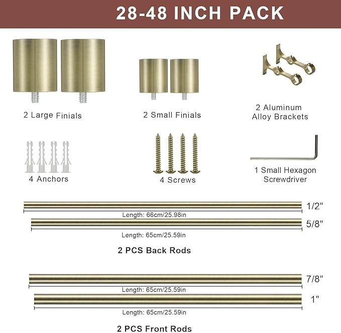 Double Curtain Rods 28-48", Decorative Double Drapery Rods with Cap Finials, Heavy Duty 1 Inch Front and 5/8 Inch Back Telescoping Dual Curtain Rod, Antique Bronze