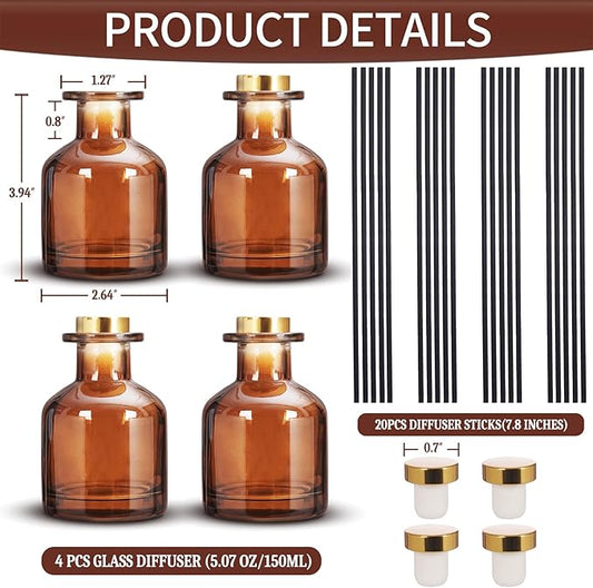 4 Pack Perfume Reed Diffuser Bottle,Empty Big Belly Aromatherapy Essential Oil Bottles Glass Jar with Black Sticks for DIY Fragrance Replacement Diffuser Sets (150ml/ 5 oz, Dark Brown Color)