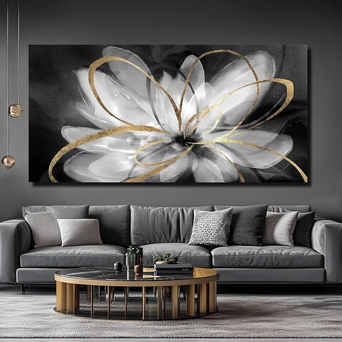 SOUGUAN Flower Large Artwork Gold Wall Decor White Canvas Paintings for Living Room Bedroom Kitchen Office 30"x 60"
