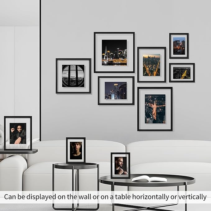 8x10 Floating Picture Frame Set of 2, Double Glass Photo Frame Wooden Frame for Wall Mount or Tabletop Displays for 4x6, 5x7, 6x8 inch Pictures, Plane Edge Frames, Black