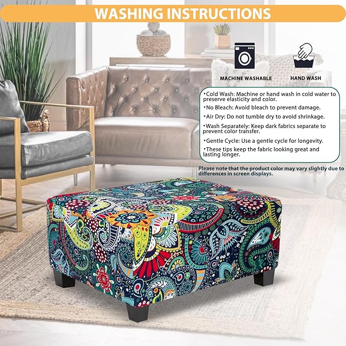 Ottoman Cover Rectangle Printed,Stretch Slipcover for Rectangular Footstool,Soft Fabric with Non-Slip Elastic Bottom,Furniture Protector for Living Room or Bedroom,X-Large,Navy & Green