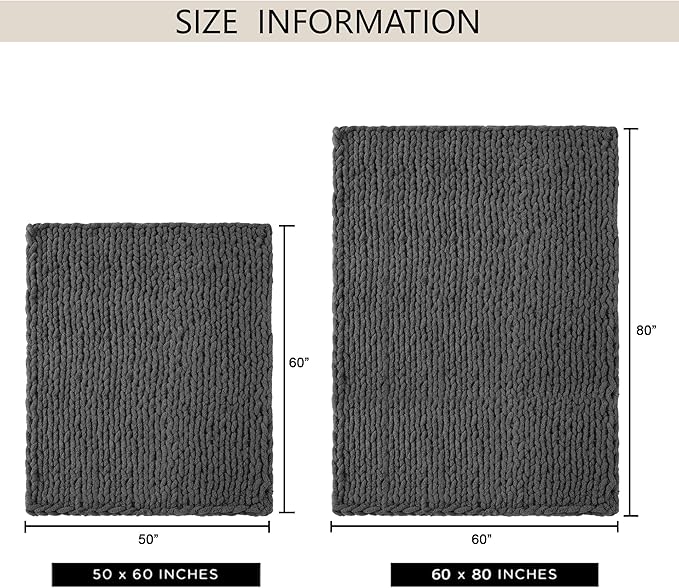 Chunky Knit Throw Blanket 50"X 60", 100% Handmade with Soft Chenille Yarn, 4.4lbs Thick Cable Knitted Blankets, Large Rope Knot Crochet Throws for Couch Sofa Bed Home Decor, Dark Grey