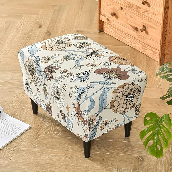 KRFOONN Ottoman Slipcovers Stretch Rectangle Footrest Stool Covers Printed Ottoman Cover for Foot Stool Furniture Protector with Non Slip Elastic Bottom(06, X-Large)