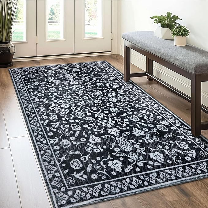 Vintage 3x5 Washable Rug for Entryway, Super Soft Black White Entryway Rug Non-Slip, Printed Faux Wool Floral 3x5 Area Rug Thin Floor Carpet for Kitchen, Bedroom, Office, Living Room