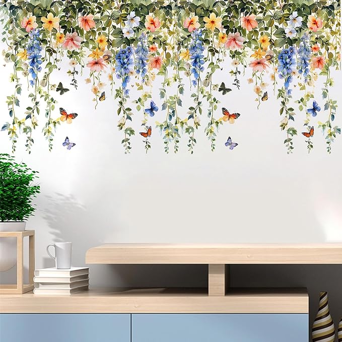 Elegant Floral & Butterfly Wall Decals – Watercolor Botanical Vine Border Stickers, Removable Vinyl Wall Art for Living Room, Bedroom, Bathroom, or Hallway Decor