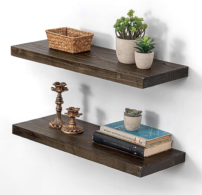 Dreamland 8inch Shelves for Wall 18"x8" Set of 2 - Flat Edge Elm Wood Shelves with Invisible Brackets, Rustic Wall Mounted Shelves for Living Room, Bedroom, Kitchen, Office Decor, Walnut Finish