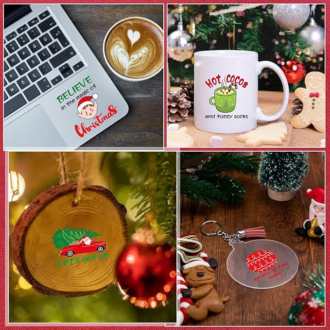 Fainne 100 Pcs Christmas Word Stickers for Crafts Christmas Vinyl Inspirational Stickers Waterproof Xmas Decals for Ornament Ball Wooden Cup Glass Water Bottle Decoration, 50 Style(Elk)