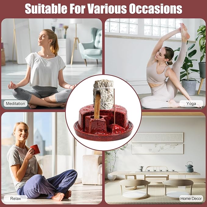 4 in 1 Incense Holder, Incense Burner, Palo Santo Holder, Ceramic Ash Catcher Tray for Meditation Room, Candle Holder for Burning Sage (Speckled Red)