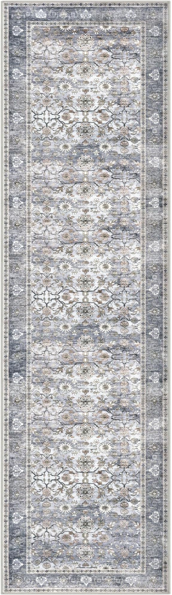 KUTA Vintage Floral Washable Hallway Runner, 2x7 Runners for Hallways Non-Slip Kitchen Rugs Grey Blue Ultra Thin Soft Printed Distressed Oriental Floor Carpet for Laundry Bedroom Living Room Nursery
