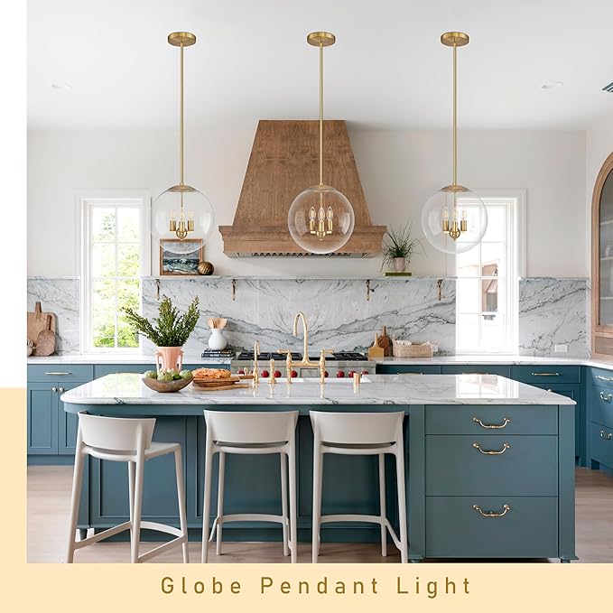 13.7" Globe Pendant Light Contemporary Globe Pendant Lights Kitchen Island 3 Light Gold Mid Century Pendant Light Clear Glass with Brass Finish Adjustable Hanging Light Fixture for Dining Room