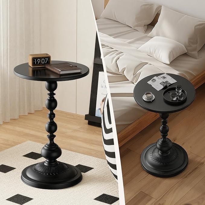 Side Table - Small Round Metal Accent Table for Living Room, Bedroom, Office - Modern Matte Black Pedestal Coffee Table for Small Spaces - 21" Height, Compact Drink Table for Sofa, Corners