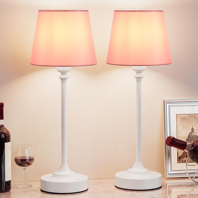 Cordless Table Lamps Rechargeable Set - 2 Pack White 4000mAH Battery Operated Lamps for Decor, 3000K Stepless Dimming Touch Control Wireless Lamps for Bedroom, Dining Table, Living Room, Pink Shade