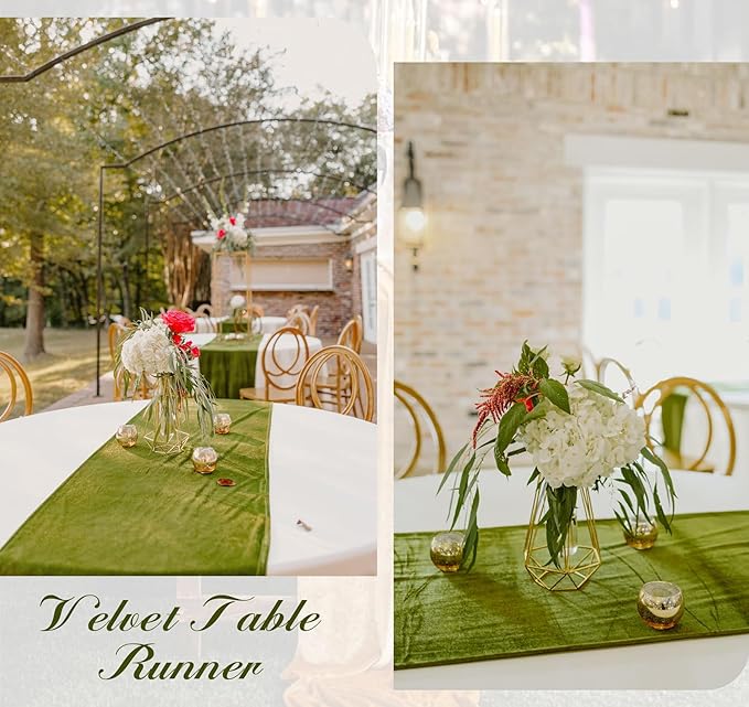 Velvet Table Runner 20 x 120 Inches 10ft Luxurious Thick Soft Velvet Christmas Thanksgiving Wedding Reception Table Runner for Party Reception Decorations(Olive Green, 6 Pack)
