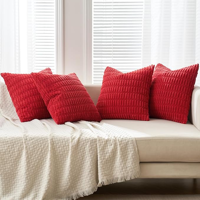 MIULEE Pack of 4 Christmas Red Corduroy Decorative Throw Pillow Covers 18x18 Inch Soft Boho Striped Pillow Covers Modern Farmhouse Home Decor for Sofa Living Room Couch Bed