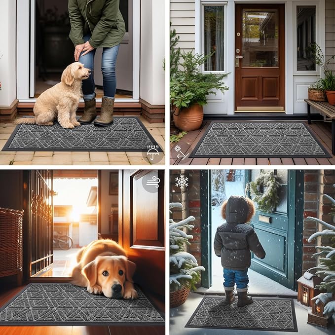 Smiry Front Door Mat Outside Entrance, Heavy Duty Sturdy Natural Rubber Doormat, Trap Dirt and Moisture, Easy Clean Low Profile Mats for Indoor Outdoor Entry, Grid Geometric (35x23, Silver Grey)