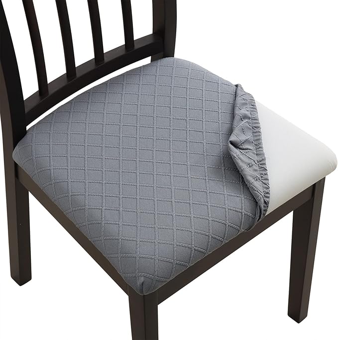 Fuloon Waterproof Seat Cushion Covers 6 PCS, Stretch Jacquard Chair Seat Covers Washable Dining Room Seat Slipcovers Removable Kitchen Chair Protector (6, Waterproof-Light Grey)