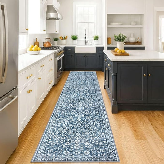 Vintage Runner Rugs for Hallway 3x14, Blue and White Washable Long Hallway Runner Rug Non Slip, Super Soft Kitchen Runner Rug, Print Faux Wool Floral Thin Carpet Hall Runner