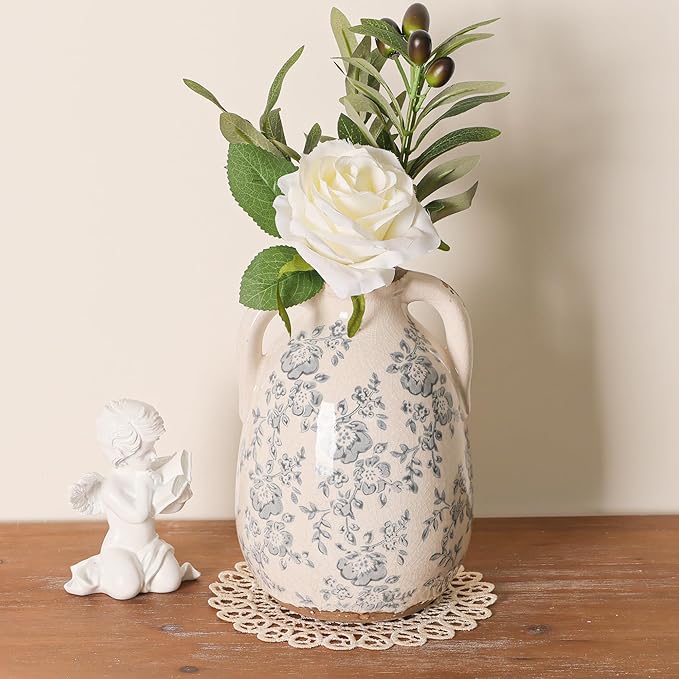 Vintage Chinoiserie Blue and White Ceramic Vases Decor 7” Retro Ice Crackle Hand-Painted Peony Ceramic Pitcher Antique Style Home Decor (7.5 Inch Blue and White)