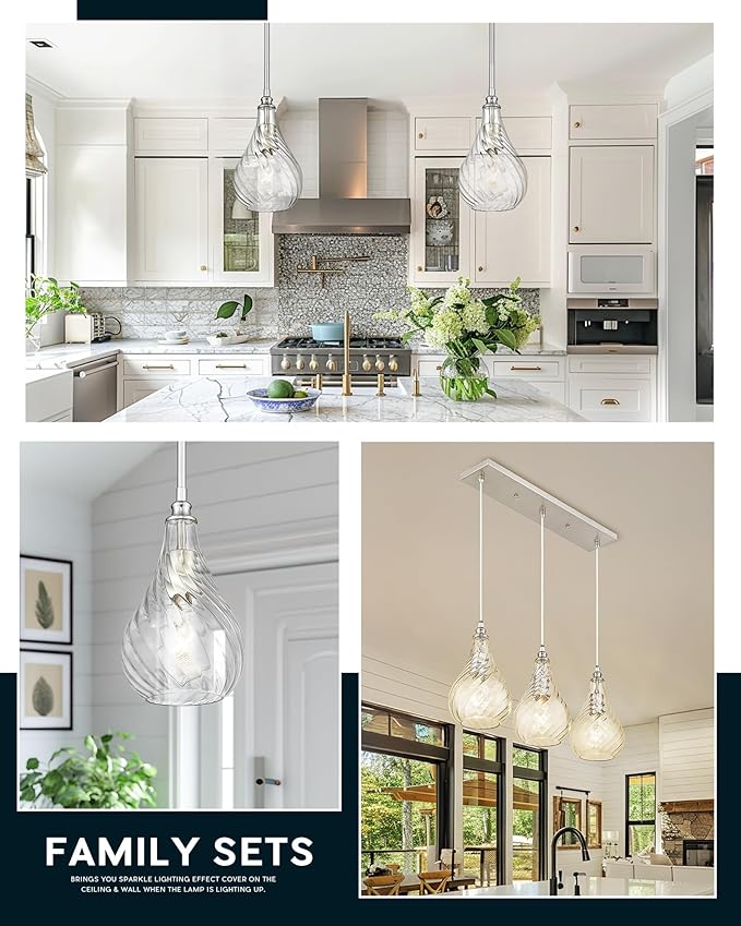 TENGXIN 3-Light Pendant Lights for Kitchen Islands - 6 Inch Brushed Nickel with Striped Glass. Farmhouse Style, Ideal for Dining Rooms and Bedrooms, Model TXPLBN12-3.