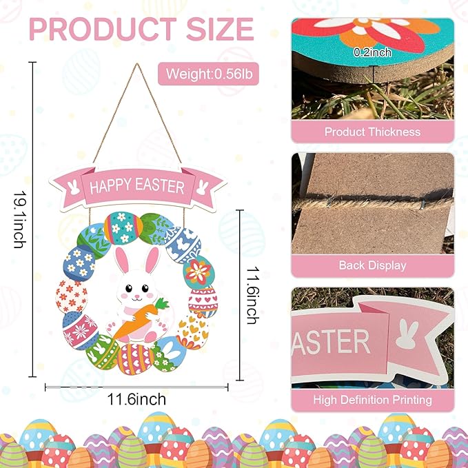 Easter Decorations for Front Door, Wooden Hanging Bunny Egg Wreath, Happy Easter Porch Welcome Sign for Home Wall Spring Party Housewarming Gift(Easter Bunny)