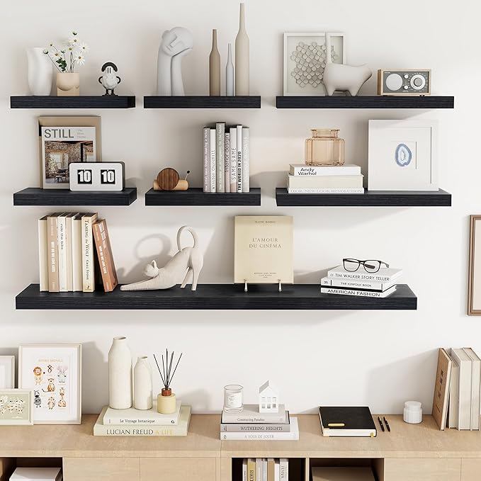 72 Inch Floating Shelves, 3D Textured Wood Grain, 72"x9.25"x1.5" Inch Deep Floating Shelves for Wall, Wooden Shelves for Bathroom, Bedroom, Living Room, Black, 1 Piece
