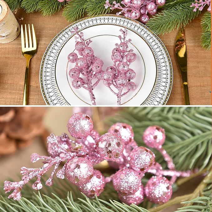 Lvydec 16pcs Christmas Glitter Berry Stems Clearance, 7.8" Artificial Christmas Picks for Christmas Tree Ornaments, DIY Xmas Wreath, Crafts, Holiday and Home Decor (Pink)