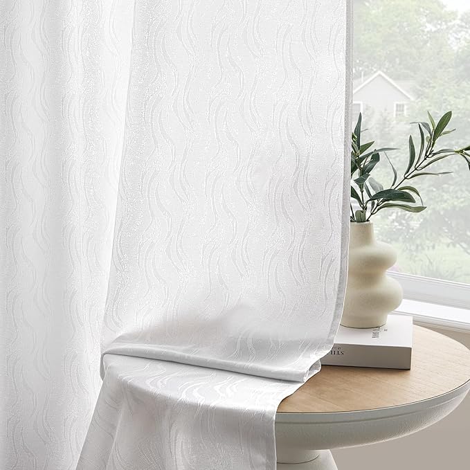 HOMEIDEAS White Semi Sheer Curtains 63 Inches Long, Light Filtering Privacy Sheer Non-See-Through Curtains Wave Jacquard Drapes for Living Room Modern Farmhouse Bedroom Decor, 52 X 63 Inch, 2 Panels