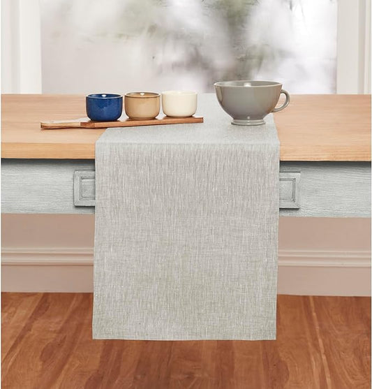 Solino Home Linen Oyster Grey Table Runner 108 Inches Long - Athena, 100% Pure Linen Dining Table Runner 14 x 108 Inch for Spring, Easter