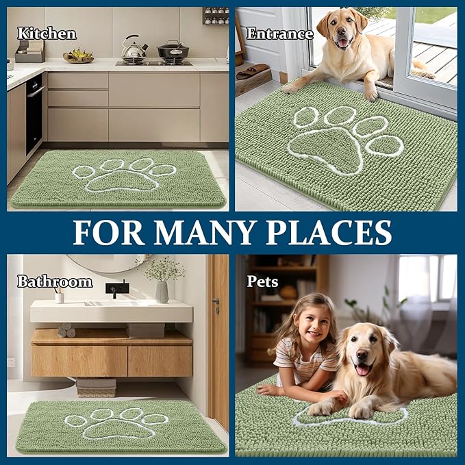 OLANLY Dog Door Mat for Muddy Paws 70x46, Paw Print Design, Absorbs Moisture and Dirt, Non-Slip Washable Doormat, Quick Dry Chenille Mud Mat for Dogs, Entry Indoor Entryway Carpet, Sage Green