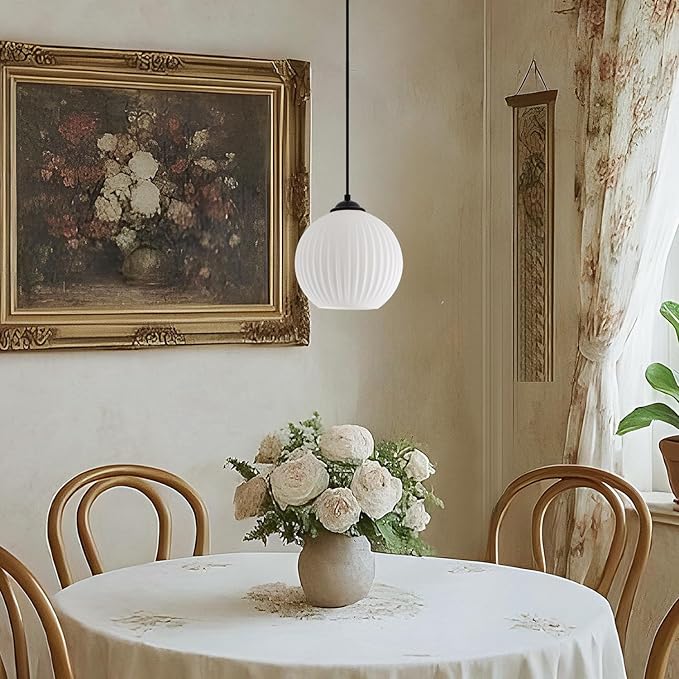 Small Milk Glass Globe Pendant Light Fixtures Black Farmhouse Pendant Lights Kitchen Island Mid Century Modern Hanging Lamp White Ribbed Glass Pendant Light