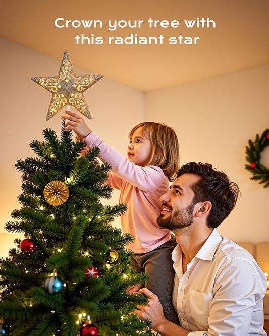 8” Christmas Star Tree Topper Silver Glittered Hollow 3D Christmas Tree Star Topper Built in 10 Bulbs String Lights Treetop Plug in (4 Bulbs 2 Fuses Spare) for Holiday Decor Tree Decorations