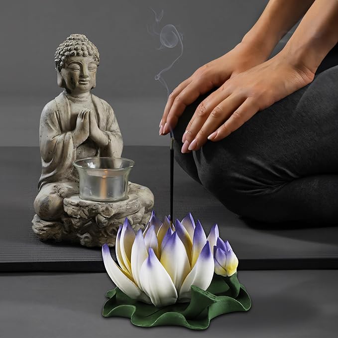 Lotus Incense Burner - Incense Burner Holder for Home Incense Holder Decor Incense Holder for Sticks Yoga, SPA (Z7-Blue-Yellow)