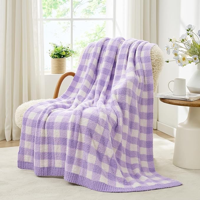 Snuggle Sac Buffalo Plaid Bedding Blanket Twin Size, Super Soft, Cozy Warm Knit Decorative Blankets, Reversible Plaid Fluffy Throws for Bed, Plaid Purple, 60x80 Inches