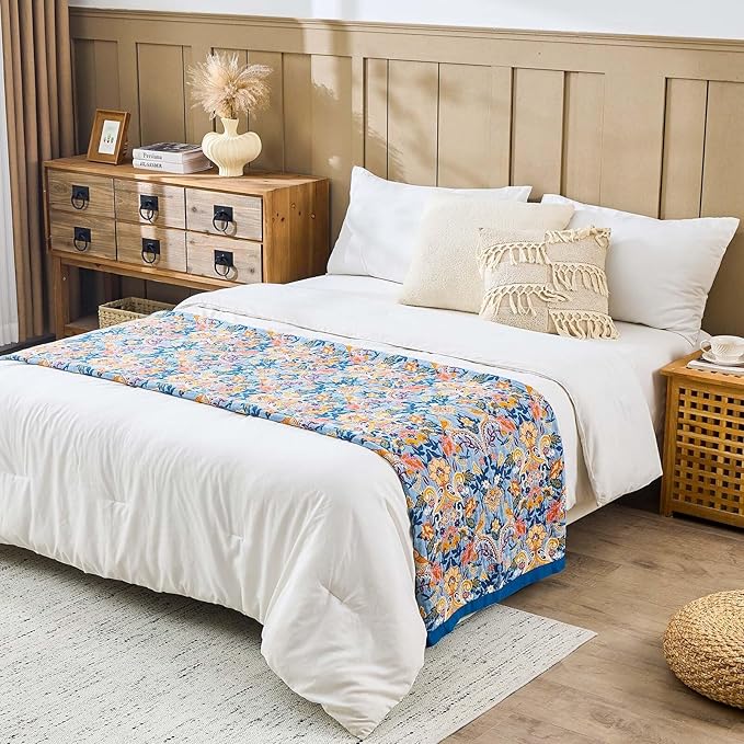 Blue Orange Fall Blanket 60"x 80" Boho Throw Blankets for Couch Bed Chair, 100% Cotton Quilts Warm Soft Blanket Muslin Bed Blankets Home Decor Farmhouse Warm Throws Gifts for Women Mom