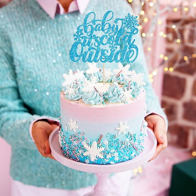 Gyufise 1 Pack Blue Glitter Baby It's Cold Outside Cake Topper Snowflake Baby Shower Decorations Winter Wonderland Baby Shower Decorations Winter Kids Birthday Party Supplies
