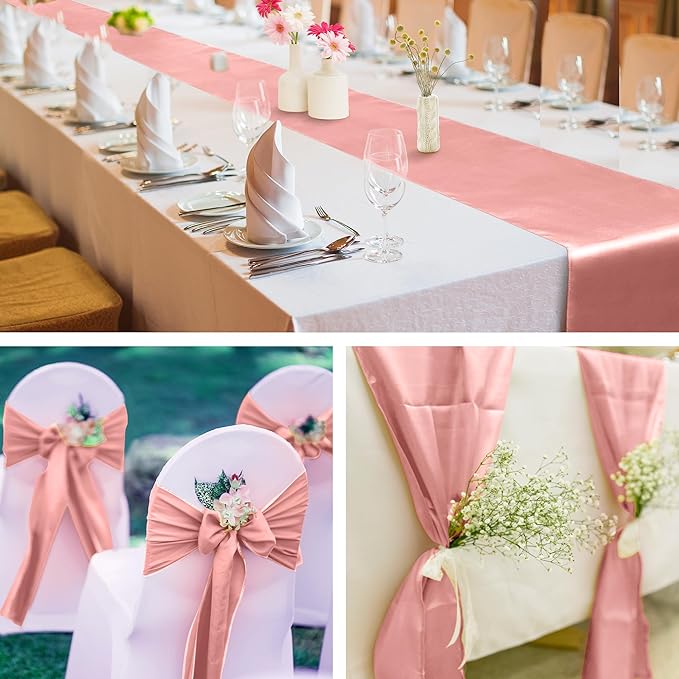 Aneco 4 Pack Satin Table Runner 12 x 108 Inch Long Bright Silk and Smooth Fabric Party Table Runner for Wedding Banquet Party Decoration- Rose Gold