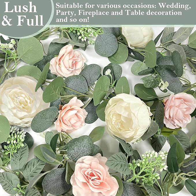 2 Pack 13Ft Artificial Eucalyptus Flower Garland with 16 White Peony Pink Rose, Baby Breath Fake Flowers Greenery Garland Floral Vine for Mantle Wedding Table Runner Centerpiece Backdrop Home Decor