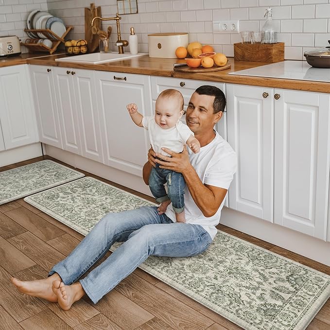 KIMODE Kitchen Mats Cushioned Anti Fatigue 2 PCS, Boho Kitchen Mats Stain Resistant, Standing Kitchen Runner Rug, Non Slip Waterproof Kitchen Sink Floor Mat, 17.3"x59"+17.3"x29", Green