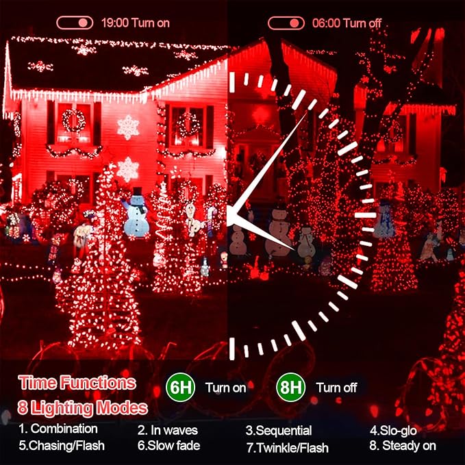 XURISEN Christmas Lights Outdoor 197FT 500 LED Green Wire String Lights 8 Modes with Timer Memory Waterproof Fairy Light Plug in for Xmas Tree Wedding Yard Party Holiday Decorations(Red)
