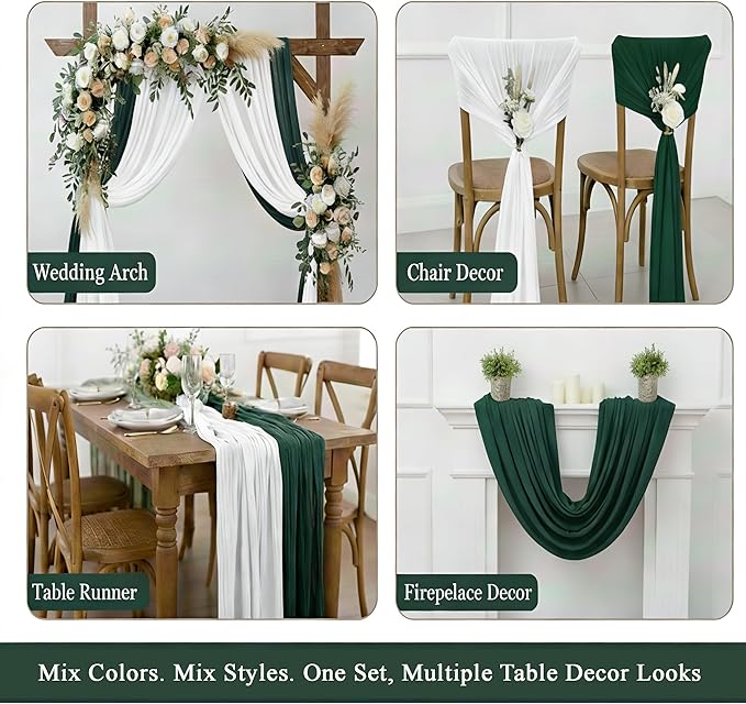 Cheesecloth Table Runner 2 Pack White and Dark Green, Boho Gauze Table Runner 10Ft 120 Inches Long for Wedding Decor, Party & Home Table Decoration